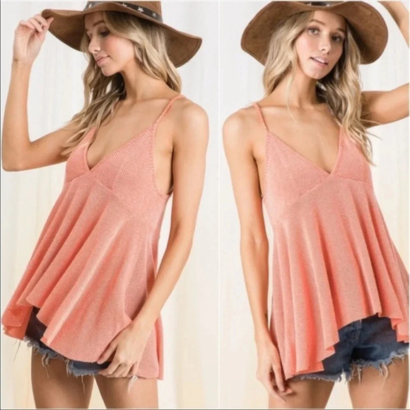 Coral Boho Babydoll V-Neck Flowy Tank Top | Summer Beach Outfit - Picture 3 of 3